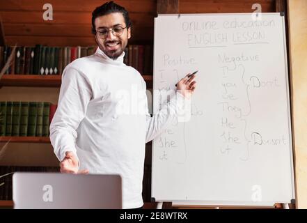 Indian Male Teacher Having Distant Class Standing Near Blackboard Indoors Stock Photo