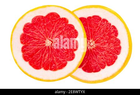 Grapefruit circle slices  isolated  on white background, top view.  Summer fruits Flat lay. Stock Photo