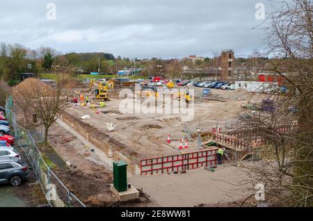 Mold, Flintshire; UK: Jan 28, 2021:  Construction work has begun on the new Aldi supermarket site in the Welsh market town of Mold. Stock Photo