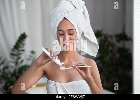 Personal self-care and oral hygiene, enjoy morning routine regular process Stock Photo