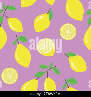 Hand drawn vector seamless pattern with lemons in yellow on pink background. Stock Vector