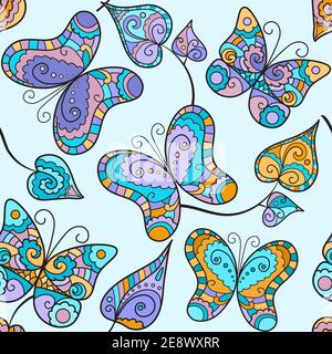 Seamless pattern with lace hand drawn butterflies and leaves Stock Vector