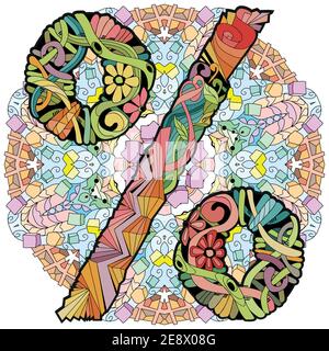 Hand-painted art design. Percent sign zentangle object on mandala. Stock Vector