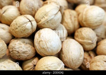 Whole walnuts heap for background. Dry nuts in shells, brain food Stock Photo