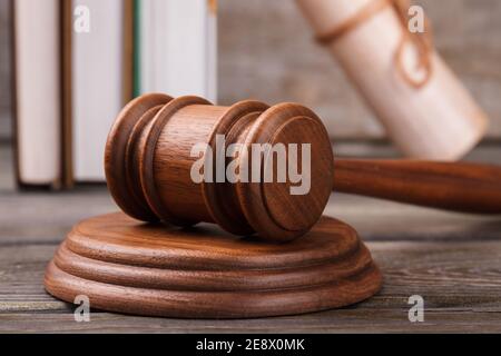 Close-up brown wooden gavel. Stock Photo