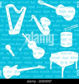 Seamless pattern with musical instruments silhouettes and text Stock Vector