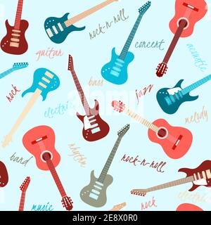 Seamless pattern with colorful guitars and text Stock Vector