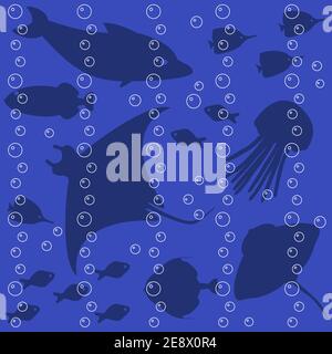 Stripy seamless pattern with fish silhouettes Stock Vector