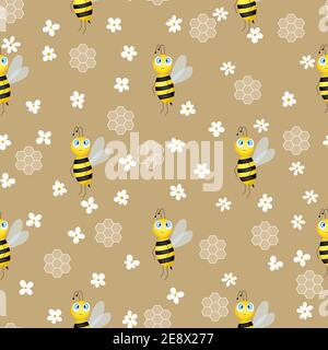 Seamless pattern with bees and honeycombs on brown background. Small wasp. Vector illustration. Adorable cartoon character. Template design for Stock Vector