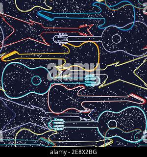 Seamless background with colorful acoustic and electric guitars Stock Vector