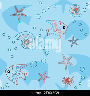Seamless pattern with fish, shells and seastars Stock Vector
