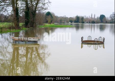 Lower Shiplake, Oxfordshire, UK - 1st February, 2021. Flooded farmland in Lower Shiplake. A Flood Warning is in place for Shiplake and Lower Shiplake. Property flooding is expected as river levels continue to rise on the River Thames. Further rainfall is forecast for the week ahead. Credit: Maureen McLean/Alamy Live News Stock Photo