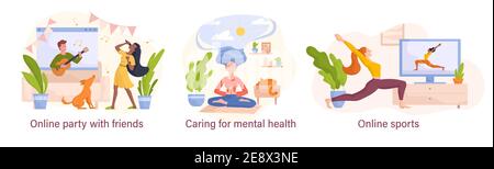 Set of self isolation or quarantine illustrations. Stock Vector
