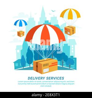 Delivery service concept. Flat design, packages with parachutes on Urban landscape in flat style. Fast Delivery Service, Fast shipping web banners Stock Vector