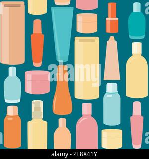 Bright seamless pattern with cosmetic bottles over blue Stock Vector