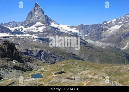 Gornergrat rack railway train and Matterhorn mountain, Zermatt, Switzerland 2020 Stock Photo