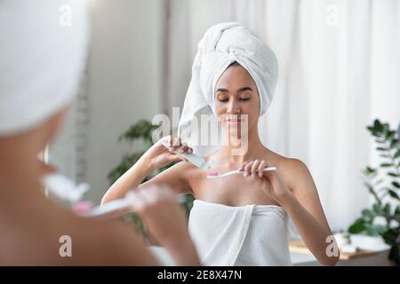 Fresh breath and healthy teeth, oral hygiene daily in morning Stock Photo