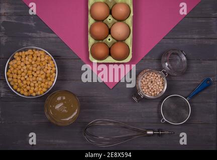 Aquafaba chickpea decoction is an alternative to avoiding eggs in cooking. Stock Photo
