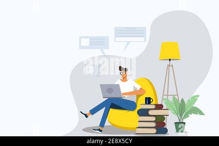 Freelance worker. Man works comfortably on a laptop at home in a chair. Freelance male character, comfortable workspace in home office. Work from home Stock Vector