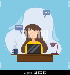 Office woman in front of a table with a laptop. Business woman working at her office desk. office worker, entrepreneur, performs work on the computer Stock Vector