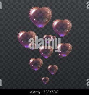 Soap pink bubbles in the shape of a heart. Vector illustration of flying heart shaped shiny pink soap bubbles isolated on a transparent background. Stock Vector