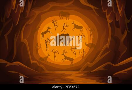 Cave with cave drawings. Cartoon mountain scene background Primitive cave paintings. ancient petroglyphs. Stock Vector