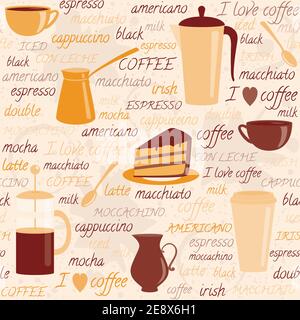 Seamless pattern with coffee items and colorful text Stock Vector