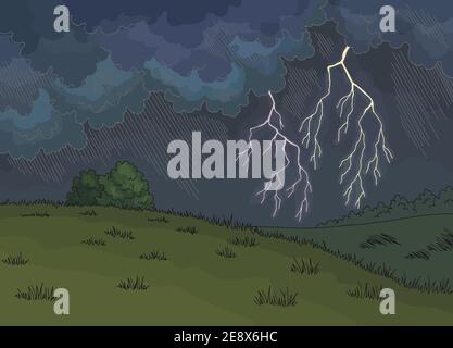 Thunderstorm graphic color landscape sketch illustration vector Stock Vector