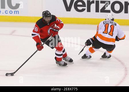 New Jersey Devils defenseman P.K. Subban (76) stretches before an NHL  hockey game against the Vancouver Canucks Monday, Feb. 28, 2022, in Newark,  N.J. The Devils wore warmup jerseys designed by Subban