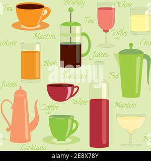 Seamless pattern with different drinks and text Stock Vector