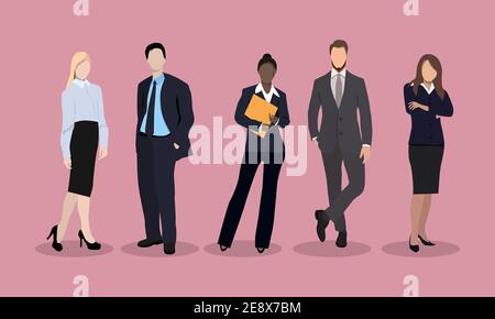 Business people are led by a leader. Vector illustration. Business characters set. International business team, beautiful business women and men busin Stock Vector