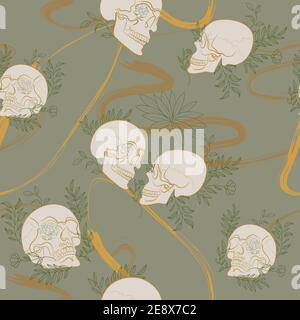 Seamless Pattern with skull and plant Stock Vector
