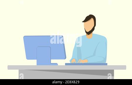 Man works in the office, vector illustration. The manager sits at the computer desk Stock Vector