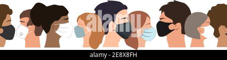 People set faces with medical masks, vector seamless border. Coronavirus prevention concept. Humans of different gender, ethnicity, and color. Stock Vector