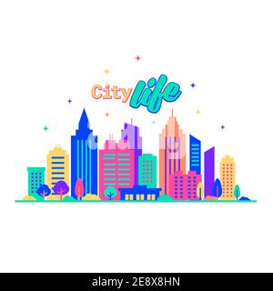 City life. Silhouettes of buildings with neon glow and vivid colors. City landscape template. Flat style illustration in neon vivid colors. Cityscape Stock Vector