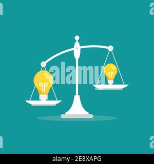 White mechanical scales withbig ans small light bulb in pans. Idea value, solution and expenses balance. Justice, law scale. Vector illustration on bl Stock Vector