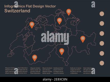 Infographics Switzerland map outline, flat design, color blue orange vector Stock Vector