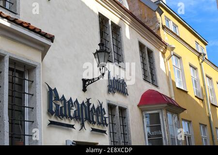 The facade of Raeapteek, one of the oldest continuously running pharmacies in Europe located in the Old Town of the Baltic city of Tallinn Estonia