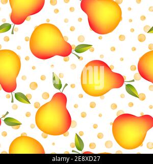 Funny autumn illustration with colorful pears. Seamlees pattern with cute fruits on white polka dots background. Food concept. Template design for Stock Vector