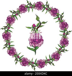 Card template. Pale pink roses and peonies with gray leaves on a striped pink background. Vector illustration. Stock Vector