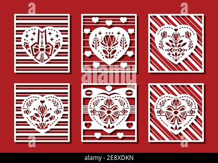 Heart in square cut on red background for laser cutting. Geometry flower, bow, lips in heart shape. Vector illustration. Stock Vector