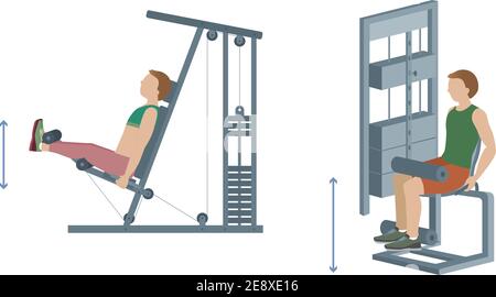 Woman doing leg extensions and man using flexion chair - illustration Stock Vector