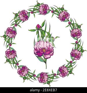 Card template. Pale pink roses and peonies with gray leaves on a striped pink background. Vector illustration. Stock Vector