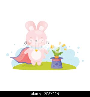 Cute cartoon Easter bunny with magic wand gets out carrot from the hat . Vector illustration. Stock Vector