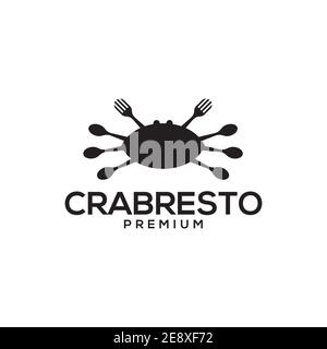 Sea food restaurant logo with creative crab icon incorporated with spoon and fork template Stock Vector