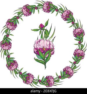 Card template. Pale pink roses and peonies with gray leaves on a striped pink background. Vector illustration. Stock Vector