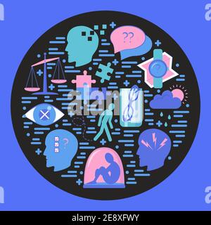Alzheimer s symptoms round concept in flat style. Banner or poster template with seniors disease signs. Stock Vector