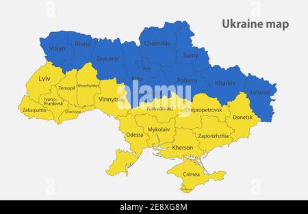Map of the Ukraine in the colors of the flag, administrative divisions vector Stock Vector