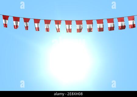 beautiful national holiday flag 3d illustration  - many Peru flags or banners hangs on rope on blue sky background Stock Photo