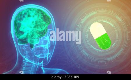 x ray human head image with highlighted brain and medical pill - digital medical 3D illustration Stock Photo